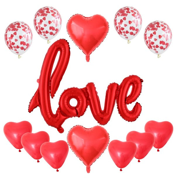 Set 13 Baloane din Folie Metalizata si din Latex, ANGELBEAR, Figurine Litere si Inima, Model Love, Tema Ziua Indragostitilor, Baloane Party cu Confetti, 102x65cm, 45 cm, 30 cm, Pai Inclus, Umflare cu Aer sau Heliu, Rosu